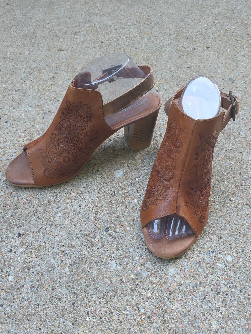 Roper Mika II Floral Embossed Tooled Leather Peep Toe Block Heels Sandals